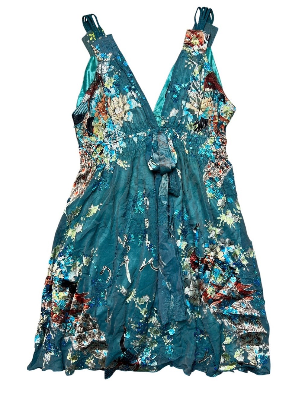 Traffic People Y2K Pure Silk Teal Floral Peacock Runched Mini Dress Size Large